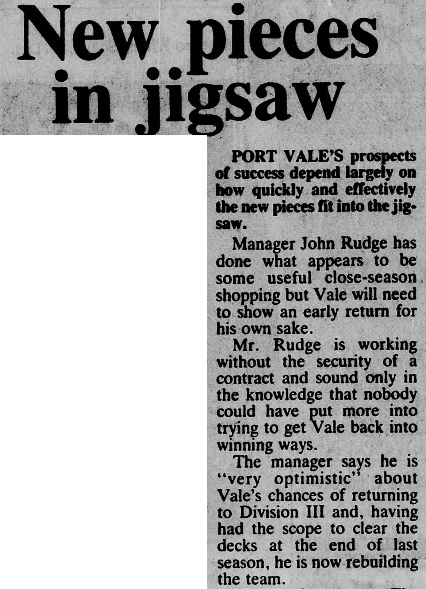 Port Vale’s promotion in 1986 – Rudge lays the groundwork for golden period