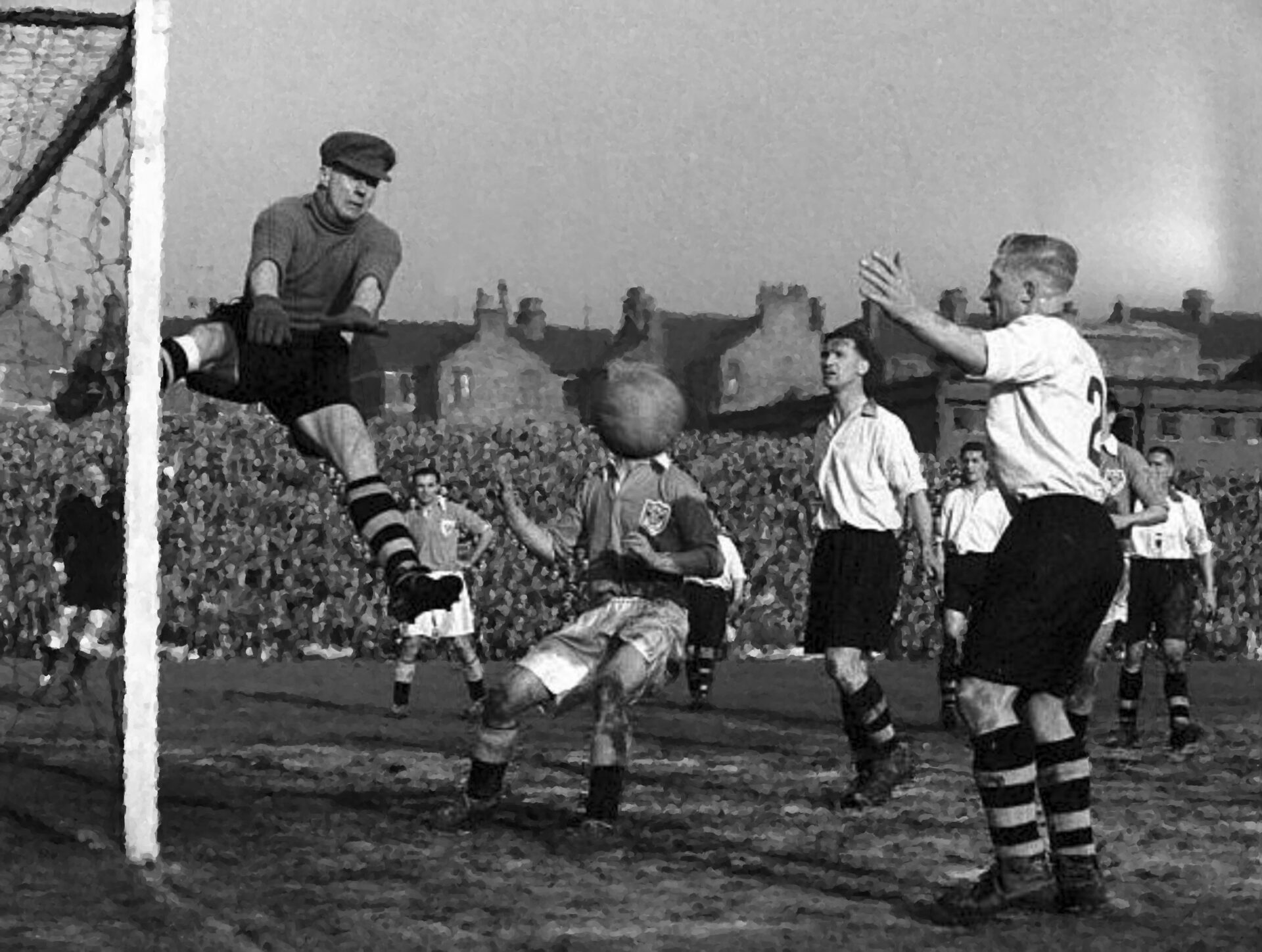 Clockwise from top left: Albert Leake's shot crosses the line, Leake in action, Vale keeper Ray King blocks a shot