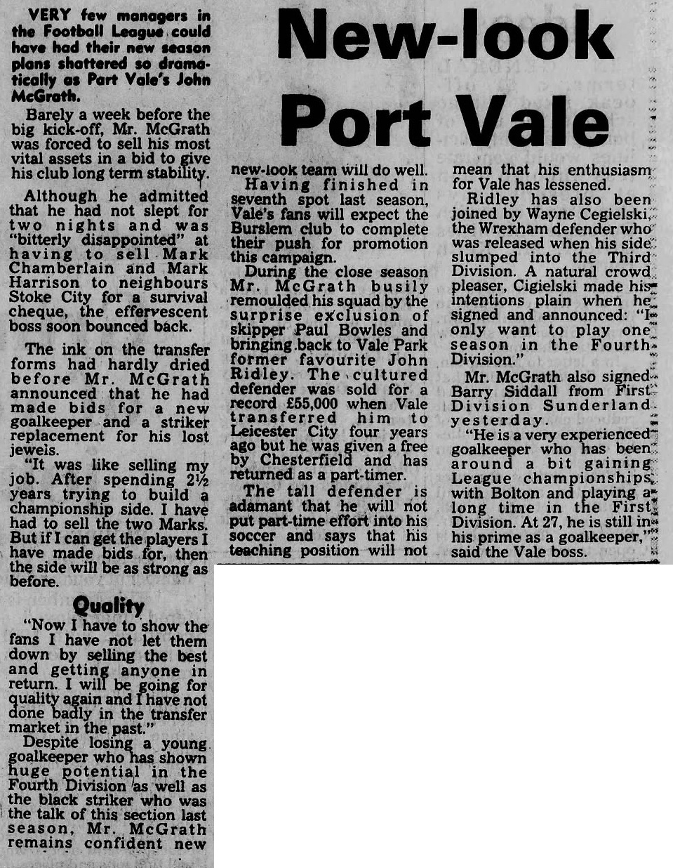 Port Vale’s promotion in 1983 – John McGrath reign’s crowning moment