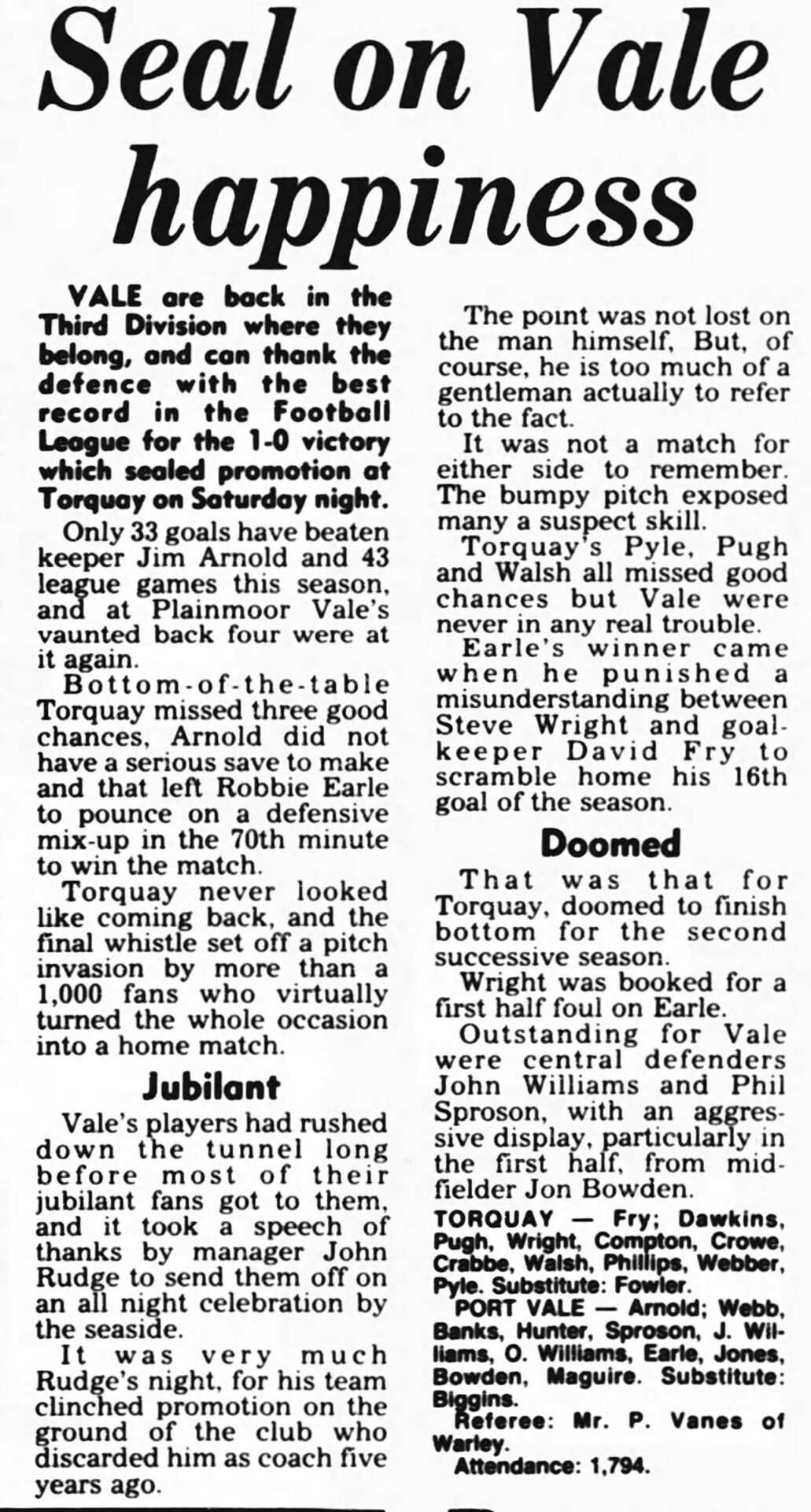 Port Vale’s promotion in 1986 – Rudge lays the groundwork for golden period