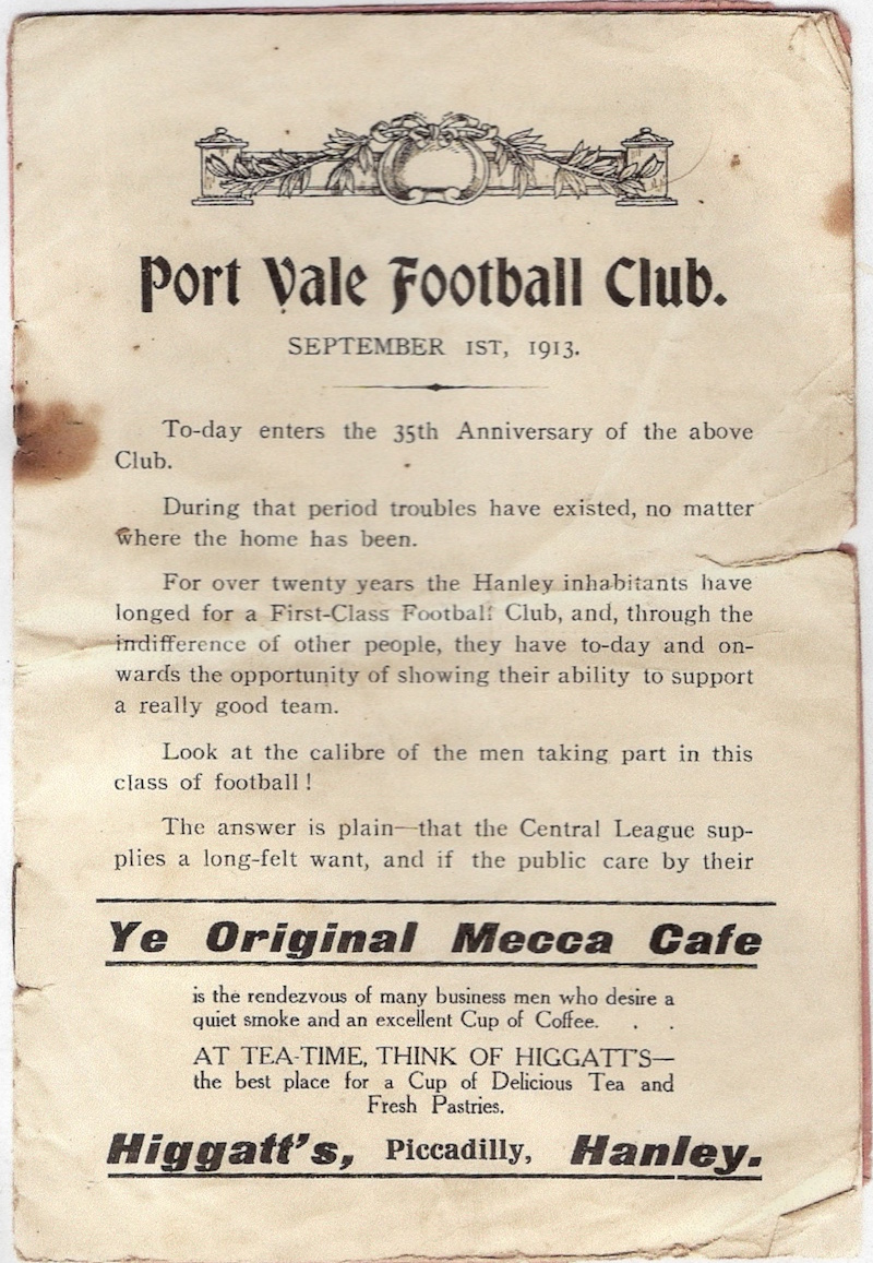 Port Vale v Blackburn Rovers programme 1913