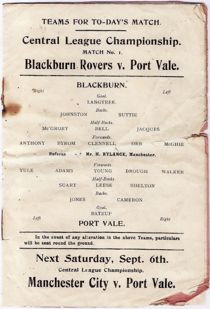 Port Vale v Blackburn Rovers programme 1913