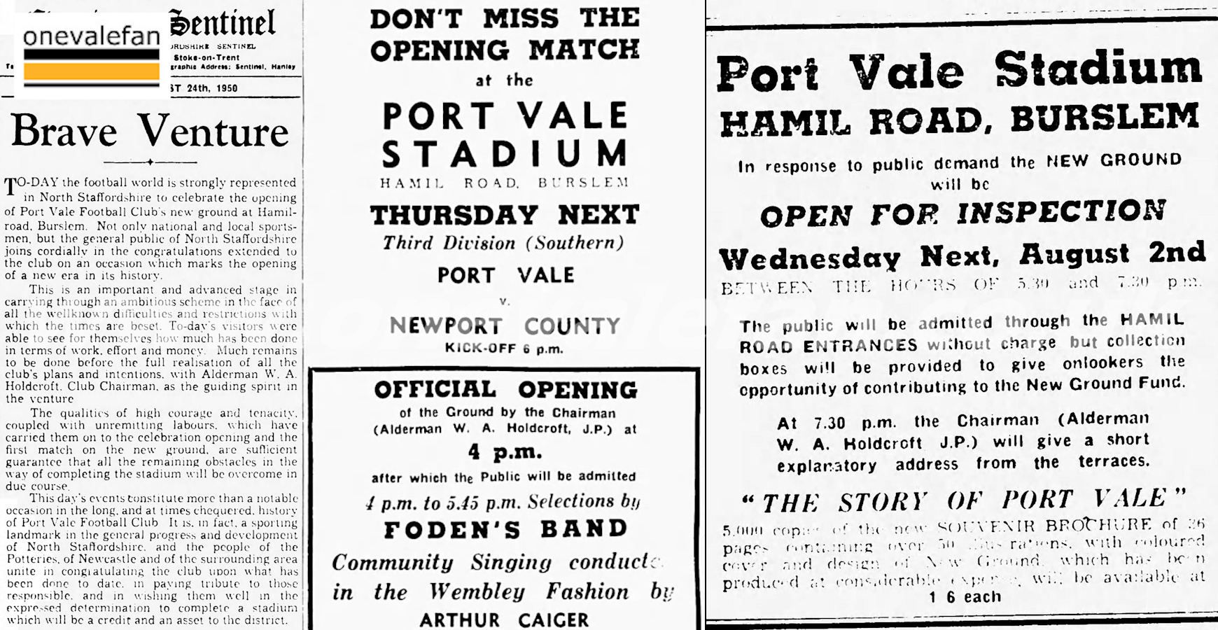 Press coverage of the opening of the Vale Park stadium in 1950